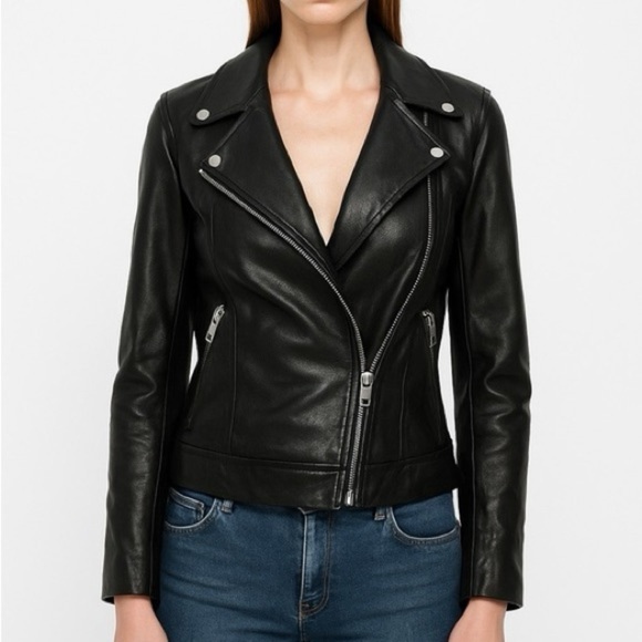 LOFT Jackets & Blazers - NWT LOFT Woman’s XS Black Leather Moto Asymmetrical Neckline Zip-Up Jacket